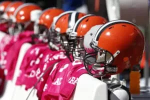 BALTIMORE, MD - OCTOBER 11: Cleveland Browns helmets rest on the bench prior to a game against the Baltimore Ravens at M&T Bank Stadium on October 11, 2015 in Baltimore, Maryland.