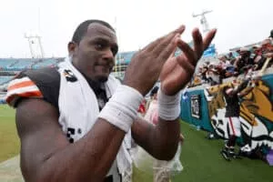 JACKSONVILLE, FLORIDA - SEPTEMBER 15: Deshaun Watson #4 of the Cleveland Browns reacts after the game against the Jacksonville Jaguars at TrEver Bank Stadium on September 15, 2024 in Jacksonville, Florida.