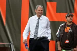 CLEVELAND, OH - AUGUST 17: Cleveland Browns pre season broadcast sideline reporter Bernie Kosar on the field prior to the National Football League preseason game between the Buffalo Bills and Cleveland Browns on August 17, 2018, at FirstEnergy Stadium in Cleveland, OH. Buffalo defeated Cleveland 19-17.