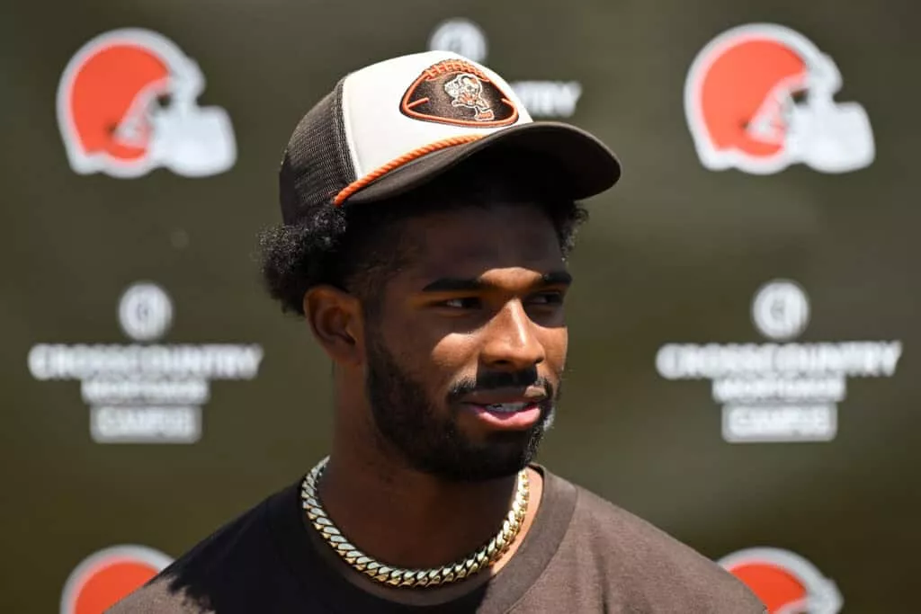 BEREA, OHIO - MAY 10: Shedeur Sanders #12 of the Cleveland Browns answers questions from the media during a press conference prior to rookie minicamp at CrossCountry Mortgage Campus on May 10, 2025 in Berea, Ohio.