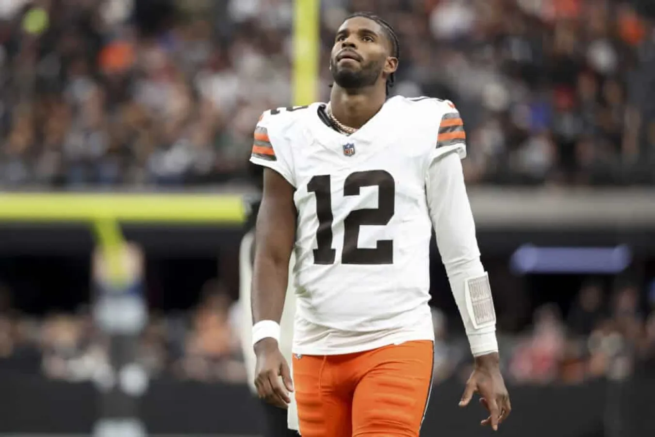LAS VEGAS, NEVADA - NOVEMBER 23: Shedeur Sanders #12 of the Cleveland Browns looks on before a game against the Las Vegas Raiders at Allegiant Stadium on November 23, 2025 in Las Vegas, Nevada.