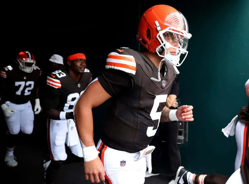 PHILADELPHIA, PENNSYLVANIA - AUGUST 16: Dillon Gabriel #5 of the Cleveland Browns and his teammates take the field to start the NFL Preseason 2025 game between Cleveland Browns and Philadelphia Eagles at Lincoln Financial Field on August 16, 2025 in Philadelphia, Pennsylvania.