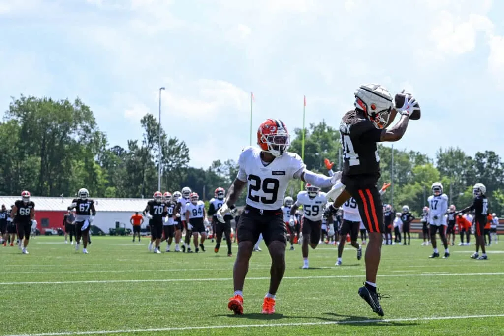 BEREA, OHIO - JULY 28: Gage Larvadain #84 of the Cleveland Browns catches a pass against Cameron Mitchell #29 during Cleveland Browns training camp at CrossCountry Mortgage Campus on July 28, 2025 in Berea, Ohio.