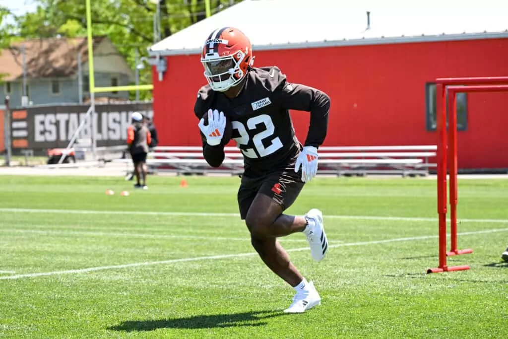 BEREA, OHIO - MAY 10: Dylan Sampson #22 of the Cleveland Browns runs a drill during rookie minicamp at CrossCountry Mortgage Campus on May 10, 2025 in Berea, Ohio.