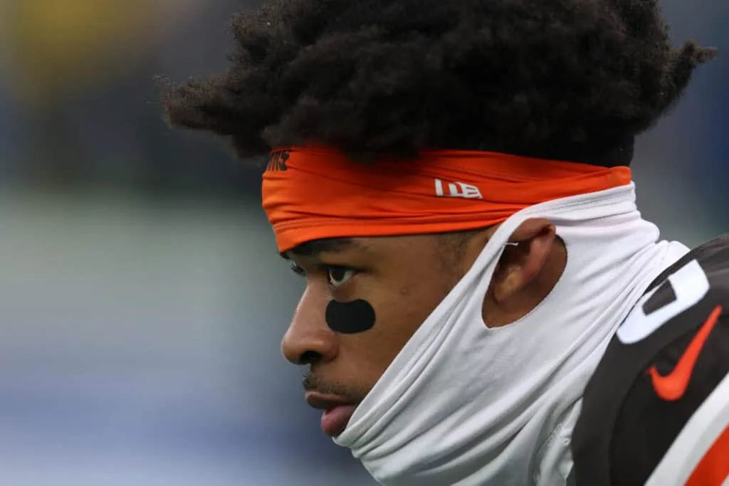 INGLEWOOD, CALIFORNIA - DECEMBER 03: Greg Newsome II #0 of the Cleveland Browns during warm up before the game against the Los Angeles Rams at SoFi Stadium on December 03, 2023 in Inglewood, California.