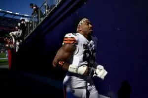 FOXBOROUGH, MASSACHUSETTS - OCTOBER 26: Myles Garrett #95 of the Cleveland Browns runs off the field after warmups prior to the game against the New England Patriots at Gillette Stadium on October 26, 2025 in Foxborough, Massachusetts.