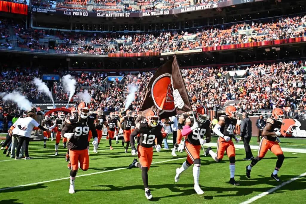 CLEVELAND, OHIO - OCTOBER 27: The Cleveland Browns take the field before playing the Baltimore Ravens at Huntington Bank Field on October 27, 2024 in Cleveland, Ohio.