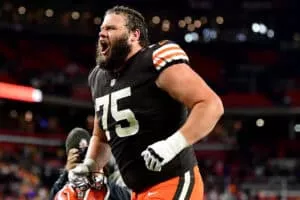 CLEVELAND, OHIO - OCTOBER 21: Guard Joel Bitonio #75 of the Cleveland Browns celebrates the Browns win over the Denver Broncos at FirstEnergy Stadium on October 21, 2021 in Cleveland, Ohio.