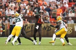 CLEVELAND, OHIO - SEPTEMBER 21: Joe Flacco #15 of the Cleveland Browns plays against the Green Bay Packers at Huntington Bank Field on September 21, 2025 in Cleveland, Ohio.