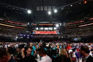 ARLINGTON, TX - APRIL 26: A video board displays the text "ON THE CLOCK" for the Cleveland Browns during the first round of the 2018 NFL Draft at AT&T Stadium on April 26, 2018 in Arlington, Texas.