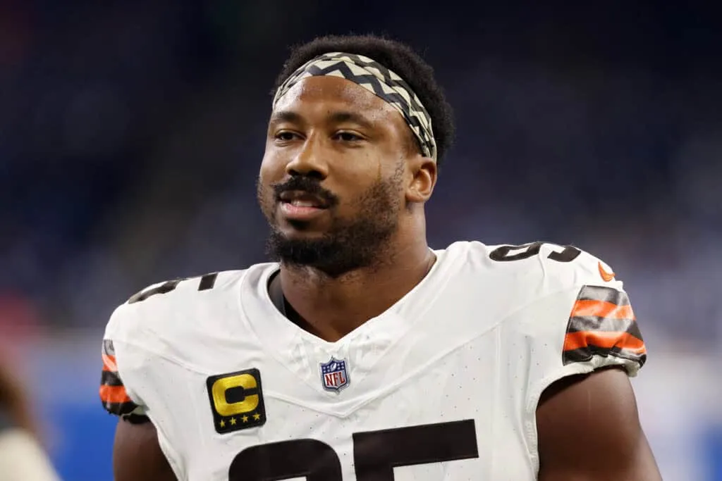 DETROIT, MICHIGAN - SEPTEMBER 28: Myles Garrett #95 of the Cleveland Browns looks on prior to the game against the Detroit Lions at Ford Field on September 28, 2025 in Detroit, Michigan.