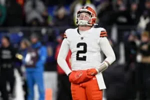 BALTIMORE, MARYLAND - JANUARY 04: Bailey Zappe #2 of the Cleveland Browns reacts after an incomplete pass thrown in the third quarter against the Baltimore Ravens at M&T Bank Stadium on January 04, 2025 in Baltimore, Maryland.
