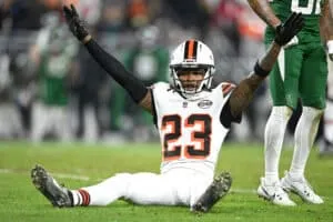 CLEVELAND, OHIO - DECEMBER 28: Martin Emerson Jr. #23 of the Cleveland Browns celebrates an incomplete pass against the New York Jets at Cleveland Browns Stadium on December 28, 2023 in Cleveland, Ohio.