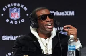 LAS VEGAS, NEVADA - FEBRUARY 08: Deion "Coach Prime" Sanders speaks on SiriusXM at Super Bowl LVIII on February 08, 2024 in Las Vegas, Nevada.