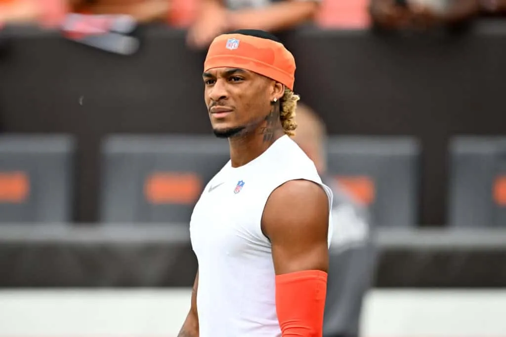 CLEVELAND, OHIO - AUGUST 23: Wide receiver Isaiah Bond #81 of the Cleveland Browns embraces a teammate before an NFL Preseason 2025 game against the Los Angeles Rams at Huntington Bank Field on August 23, 2025 in Cleveland, Ohio.
