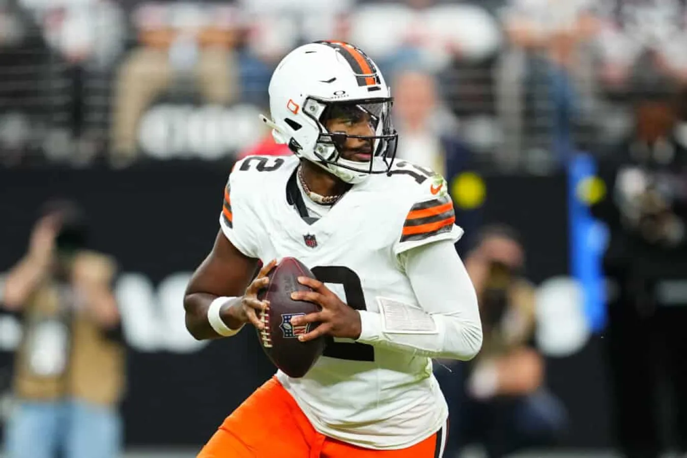 LAS VEGAS, NEVADA - NOVEMBER 23: Shedeur Sanders #12 of the Cleveland Browns looks to pass the ball in the second quarter against the Las Vegas Raiders at Allegiant Stadium on November 23, 2025 in Las Vegas, Nevada.
