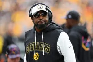 PITTSBURGH, PENNSYLVANIA - OCTOBER 12: Head coach Mike Tomlin of the Pittsburgh Steelers looks on against the Cleveland Browns during the first half in the game at Acrisure Stadium on October 12, 2025 in Pittsburgh, Pennsylvania.