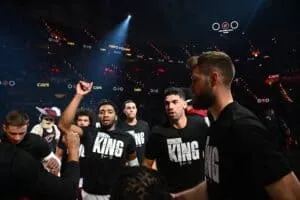CLEVELAND, OHIO - JANUARY 20: Donovan Mitchell #45 of the Cleveland Cavaliers leads his teammates in the team huddle before the game against the Phoenix Suns at Rocket Mortgage Fieldhouse on January 20, 2025 in Cleveland, Ohio.