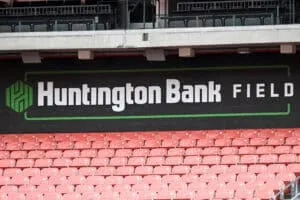 CLEVELAND, OHIO - AUGUST 23: A view of signage inside the stadium prior to an NFL Preseason 2025 game between the Cleveland Browns and Los Angeles Rams at Huntington Bank Field on August 23, 2025 in Cleveland, Ohio.