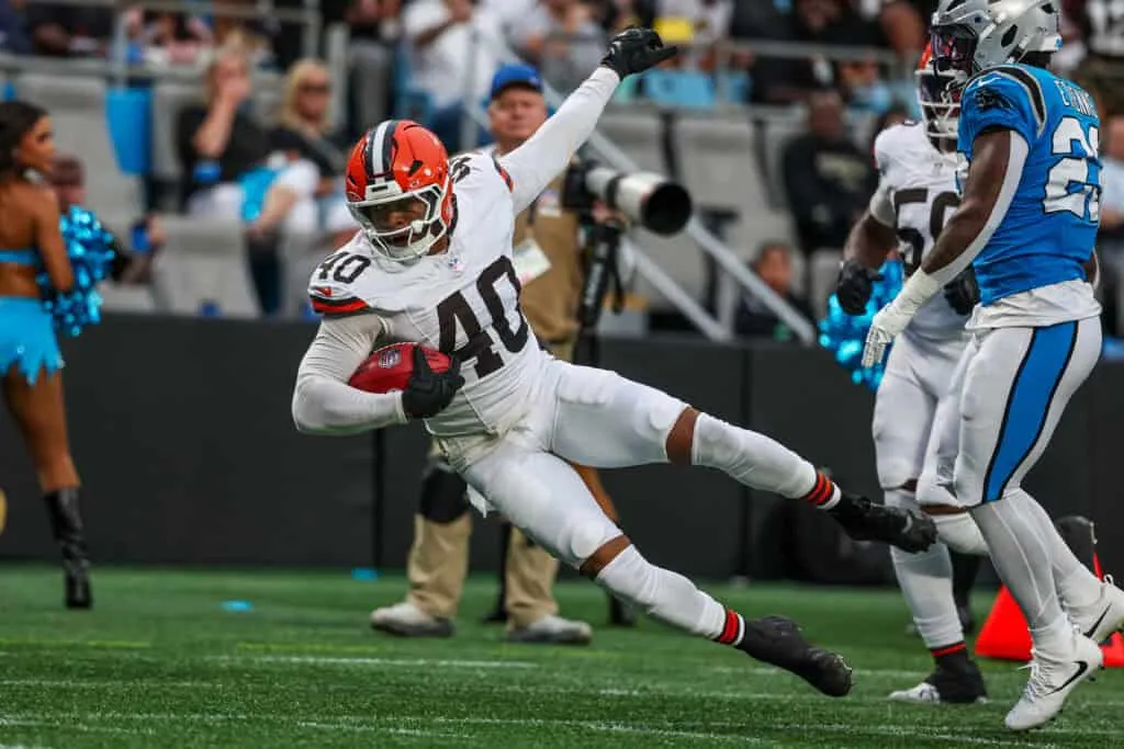 CHARLOTTE, NORTH CAROLINA - AUGUST 08: Nathaniel Watson #40 of the Cleveland Browns returns a fumble during the first half of an NFL Preseason 2025 game against the Carolina Panthers at Bank of America Stadium on August 08, 2025 in Charlotte, North Carolina.