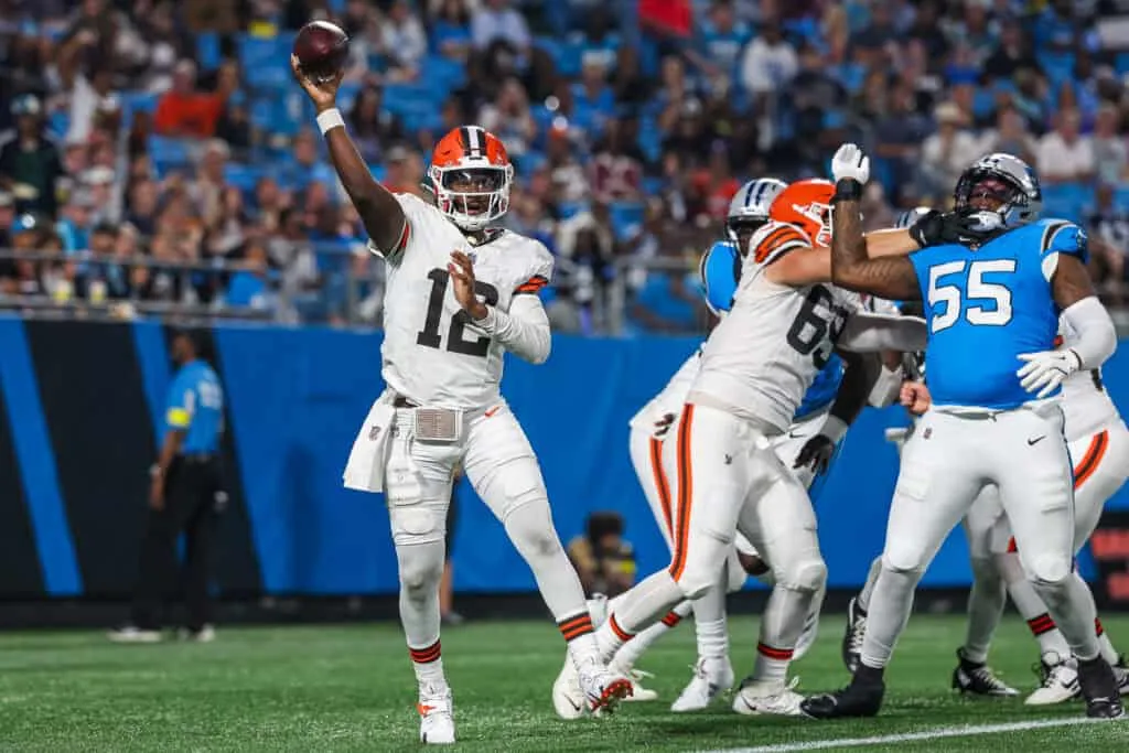 CHARLOTTE, NORTH CAROLINA - AUGUST 08: Shedeur Sanders #12 of the Cleveland Browns passes the ball during the second half of an NFL Preseason 2025 game against the Carolina Panthers at Bank of America Stadium on August 08, 2025 in Charlotte, North Carolina.