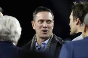 FOXBOROUGH, MA - JANUARY 21: Former quarterback Drew Bledsoe of the New England Patriots talks with Tom Brady #12 of the New England Patriots afterthe AFC Championship Game against the Jacksonville Jaguars at Gillette Stadium on January 21, 2018 in Foxborough, Massachusetts.