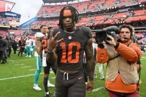 CLEVELAND, OHIO - OCTOBER 19: Quinshon Judkins #10 of the Cleveland Browns celebrates after defeating the Miami Dolphins at Huntington Bank Field on October 19, 2025 in Cleveland, Ohio.