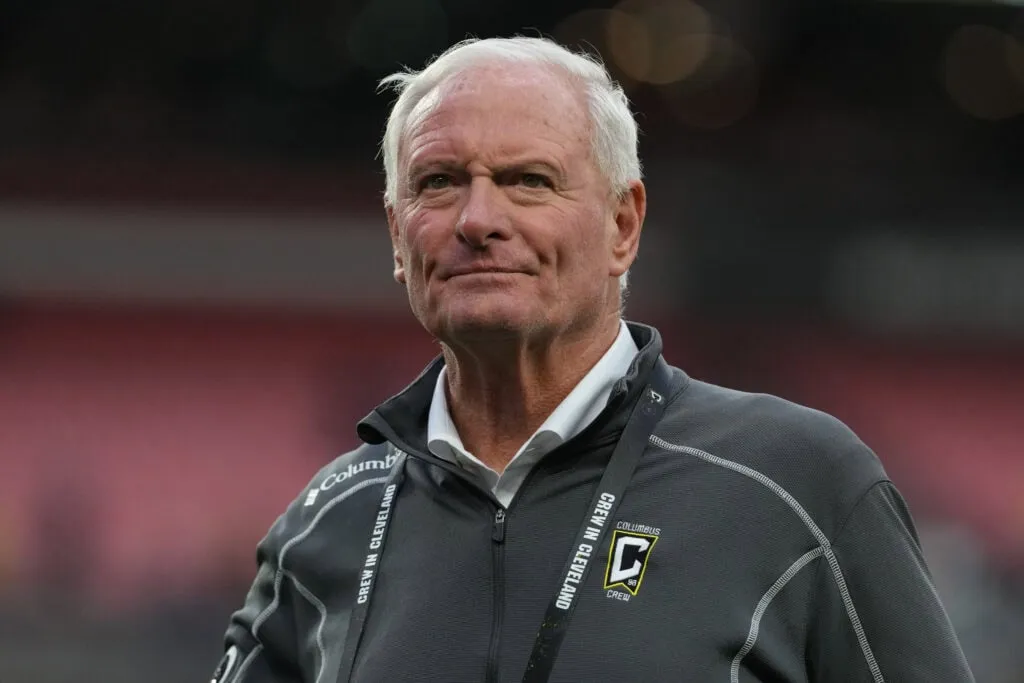 CLEVELAND, OHIO - APRIL 19: Jimmy Haslam, owner Columbus Crew looks on after the MLS match between Columbus Crew and Inter Miami CF at Huntington Bank Field on April 19, 2025 in Cleveland, Ohio.