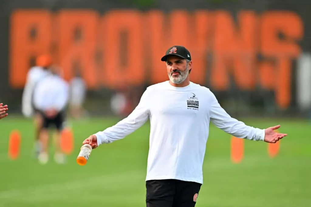 BEREA, OHIO - JULY 26: Head coach Kevin Stefanski of the Cleveland Browns reacts during training camp at CrossCountry Mortgage Campus on July 26, 2025 in Berea, Ohio.
