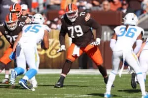 CLEVELAND, OHIO - NOVEMBER 03: Dawand Jones #79 of the Cleveland Browns plays against the Los Angeles Chargers at Cleveland Browns Stadium on November 03, 2024 in Cleveland, Ohio.