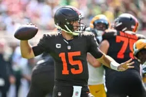 CLEVELAND, OHIO - SEPTEMBER 21: Joe Flacco #15 of the Cleveland Browns passes during the second quarter against the Green Bay Packers at Huntington Bank Field on September 21, 2025 in Cleveland, Ohio.