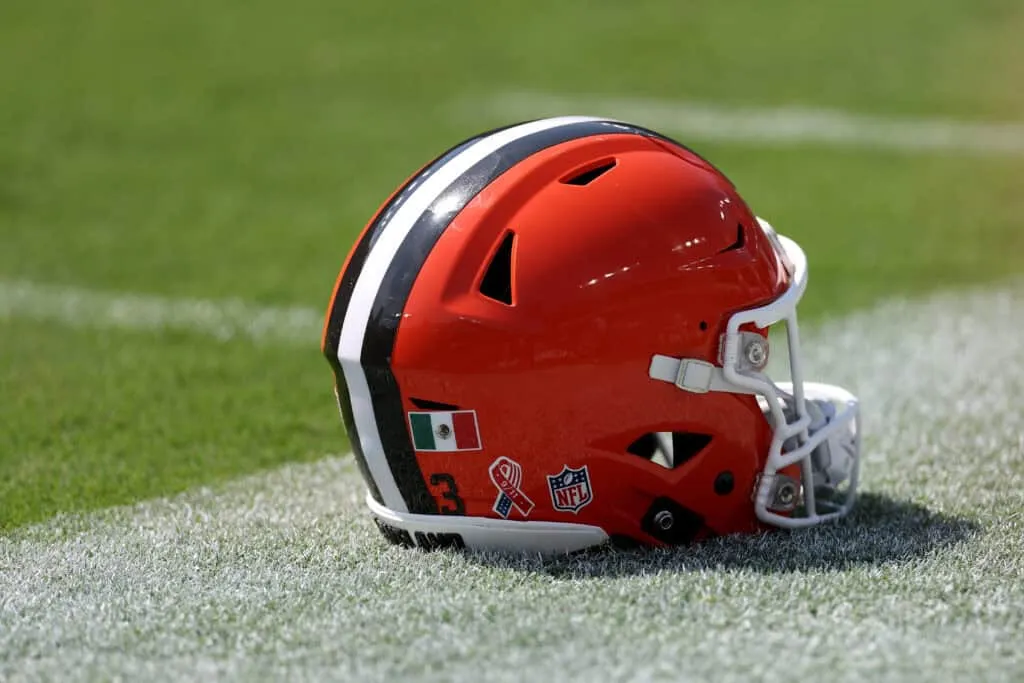 BALTIMORE, MARYLAND - SEPTEMBER 14: A detail of a Cleveland Browns helmet on the field against the Baltimore Ravens at M&T Bank Stadium on September 14, 2025 in Baltimore, Maryland.