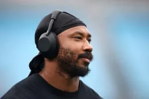 CHARLOTTE, NORTH CAROLINA - AUGUST 08: Defensive end Myles Garrett #95 of the Cleveland Browns looks on prior to the NFL Preseason 2025 game against the Carolina Panthers at Bank of America Stadium on August 08, 2025 in Charlotte, North Carolina.