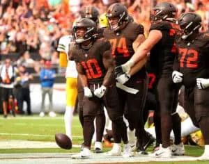 CLEVELAND, OHIO - SEPTEMBER 21: Quinshon Judkins #10 of the Cleveland Browns celebrates with teammates after scoring a touchdown against the Green Bay Packers during the fourth quarter at Huntington Bank Field on September 21, 2025 in Cleveland, Ohio.