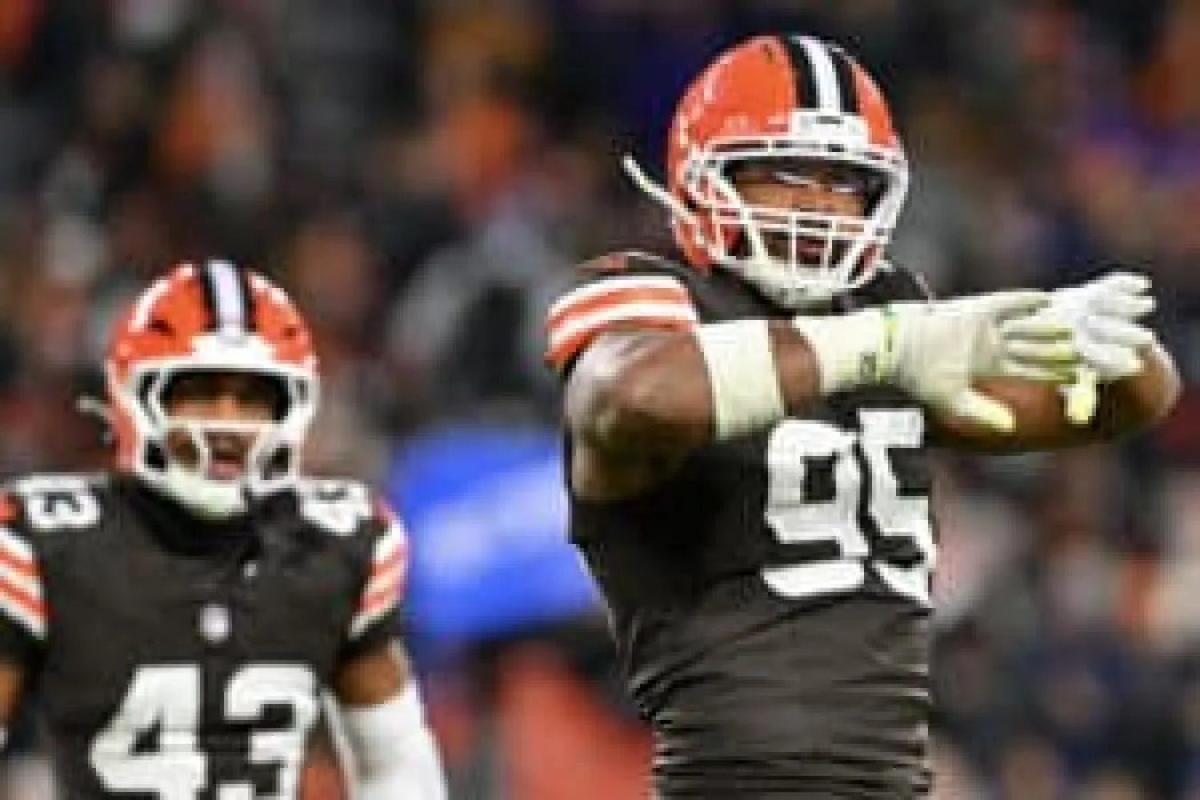 CLEVELAND, OHIO - NOVEMBER 16: Myles Garrett #95 of the Cleveland Browns celebrates a sack against the Baltimore Ravens during the second quarter at Huntington Bank Field on November 16, 2025 in Cleveland, Ohio.