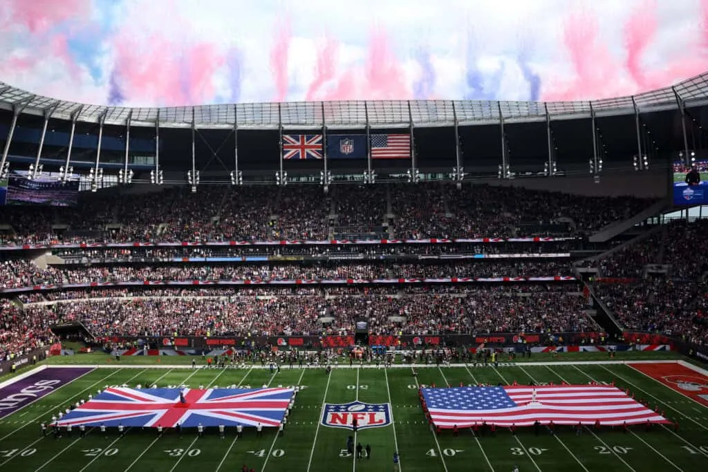 LONDON, ENGLAND - OCTOBER 05: Flags of the United Kingdom and United States of America are displayed during the national anthems prior to the NFL 2025 game between Minnesota Vikings and Cleveland Browns at Tottenham Hotspur Stadium on October 05, 2025 in London, England.""