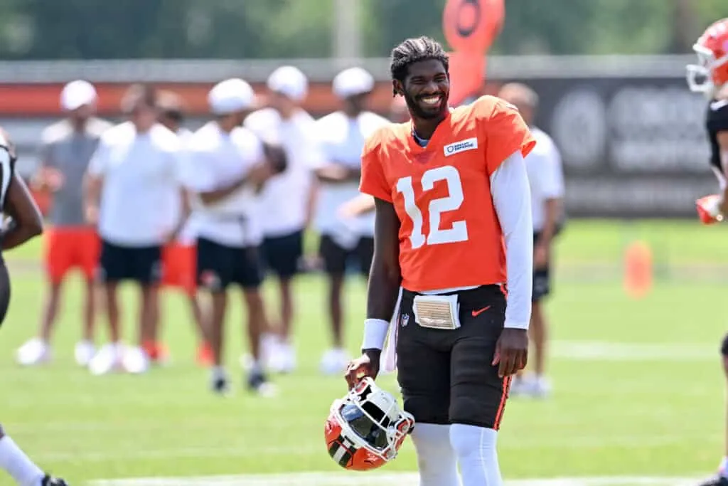 BEREA, OHIO - JULY 28: Shedeur Sanders #12 of the Cleveland Browns looks on during Cleveland Browns training camp at CrossCountry Mortgage Campus on July 28, 2025 in Berea, Ohio.