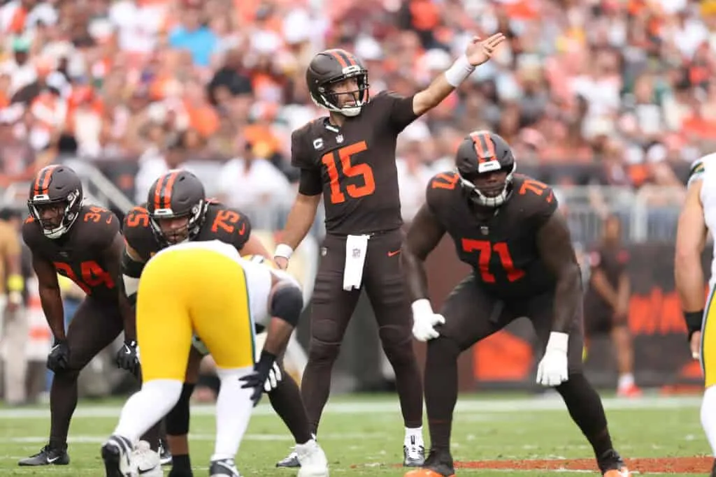 CLEVELAND, OHIO - SEPTEMBER 21: Joe Flacco #15 of the Cleveland Browns plays against the Green Bay Packers at Huntington Bank Field on September 21, 2025 in Cleveland, Ohio.