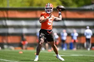 BEREA, OHIO - MAY 10: Dillon Gabriel #5 of the Cleveland Browns throws a pass during rookie minicamp at CrossCountry Mortgage Campus on May 10, 2025 in Berea, Ohio.