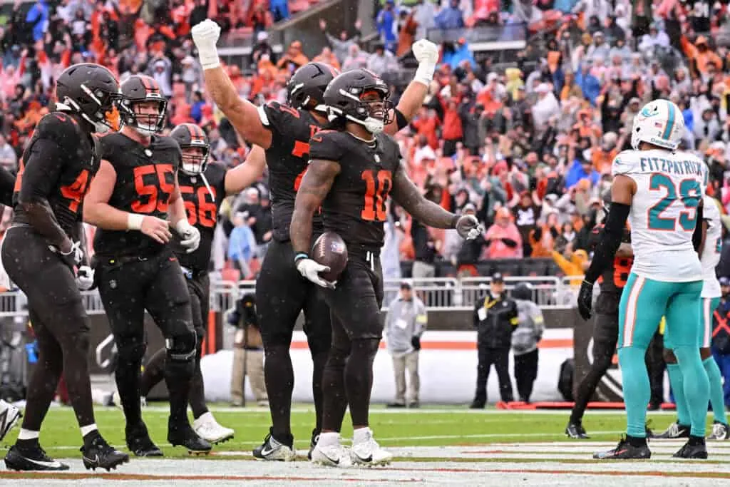 CLEVELAND, OHIO - OCTOBER 19: Quinshon Judkins #10 of the Cleveland Browns celebrates after rushing for a touchdown against the Miami Dolphins during the second quarter of the game at Huntington Bank Field on October 19, 2025 in Cleveland, Ohio.
