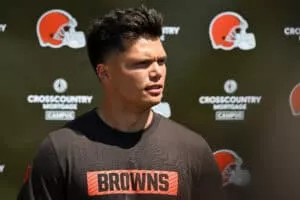 BEREA, OHIO - MAY 10: Dillon Gabriel #5 of the Cleveland Browns answers questions from the media during a press conference prior to rookie minicamp at CrossCountry Mortgage Campus on May 10, 2025 in Berea, Ohio.