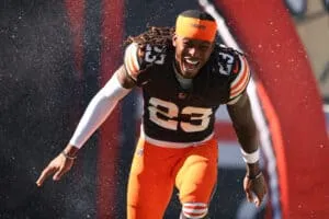 CLEVELAND, OHIO - NOVEMBER 03: Martin Emerson Jr. #23 of the Cleveland Browns yells while running onto the field prior to a game against the Los Angeles Chargers at Huntington Bank Field on November 03, 2024 in Cleveland, Ohio.
