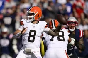 FOXBOROUGH, MASSACHUSETTS - OCTOBER 26: Dillon Gabriel #8 of the Cleveland Browns passes the ball against the New England Patriots during the second quarter in the game at Gillette Stadium on October 26, 2025 in Foxborough, Massachusetts.