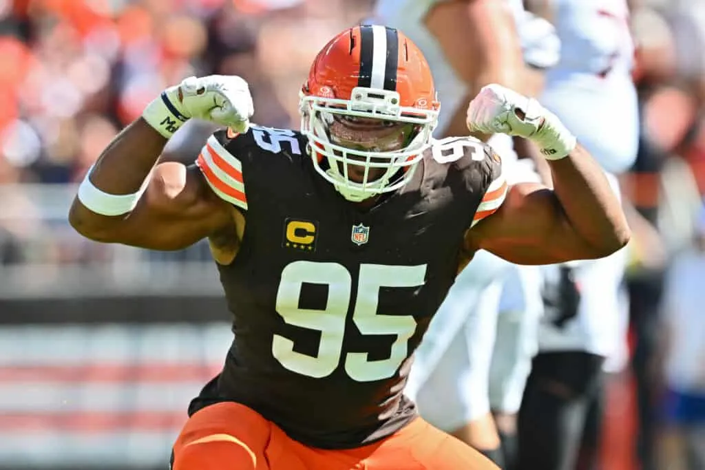 CLEVELAND, OHIO - SEPTEMBER 07: Myles Garrett #95 of the Cleveland Browns celebrates after a sack during the fourth quarter against the Cincinnati Bengals during the game at Huntington Bank Field on September 07, 2025 in Cleveland, Ohio.