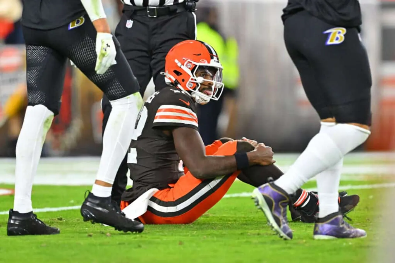 CLEVELAND, OHIO - NOVEMBER 16: Shedeur Sanders #12 of the Cleveland Browns looks on during the game against the Baltimore Ravens at Huntington Bank Field on November 16, 2025 in Cleveland, Ohio.