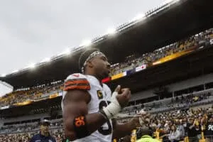 PITTSBURGH, PENNSYLVANIA - OCTOBER 12: Myles Garrett #95 of the Cleveland Browns walks of the field after being defeated by the Pittsburgh Steelers in the game at Acrisure Stadium on October 12, 2025 in Pittsburgh, Pennsylvania.