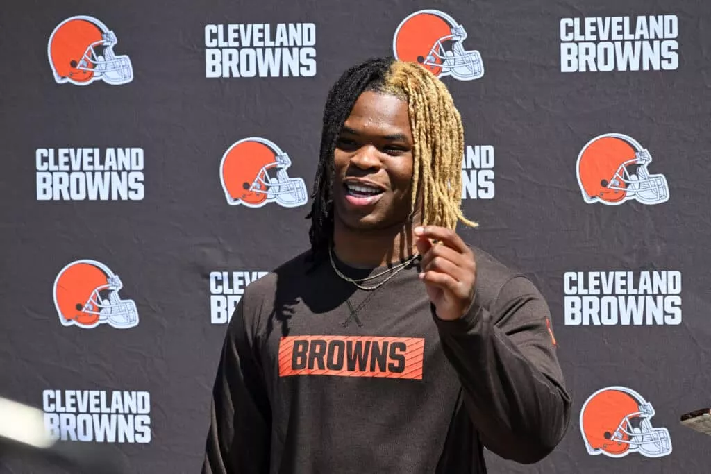 BEREA, OHIO - MAY 09: Quinshon Judkins #10 of the Cleveland Browns answers questions from the media during a press conference prior to rookie minicamp at CrossCountry Mortgage Campus on May 09, 2025 in Berea, Ohio.