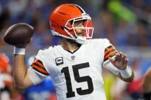 DETROIT, MICHIGAN - SEPTEMBER 28: Joe Flacco #15 of the Cleveland Browns throws a pass during the second quarter against the Detroit Lions at Ford Field on September 28, 2025 in Detroit, Michigan.