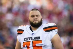 Cleveland Browns offensive guard Joel Bitonio (75) during the NFL regular season football game against the San Francisco 49ers on Monday, Oct. 7, 2019 at Levi's Stadium in Santa Clara, Calif.
