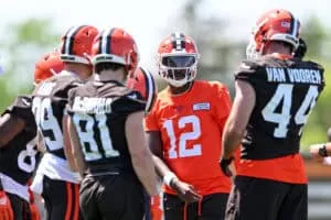 BEREA, OHIO - MAY 10: Shedeur Sanders #12 of the Cleveland Browns runs a drill during rookie minicamp at CrossCountry Mortgage Campus on May 10, 2025 in Berea, Ohio.